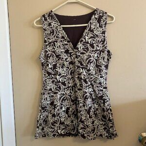 Brown and Cream Scroll Pattern Surplice Top